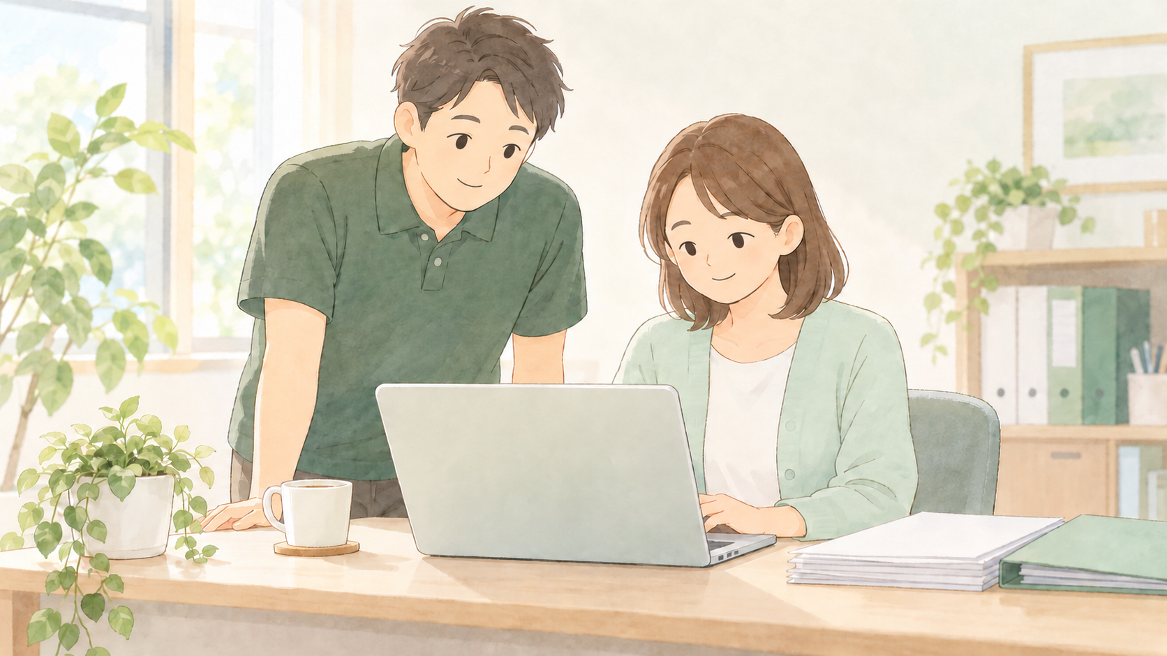 事業所のパソコンで、利用者の負担割合や要介護度を確かめる職員