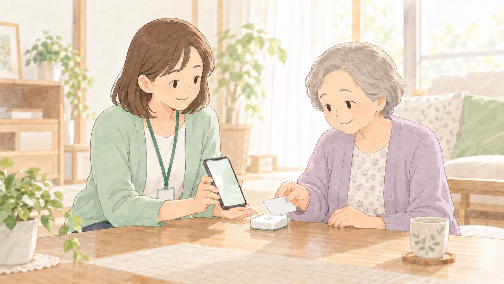 利用者の家で、ヘルパーがスマートフォンとカードリーダーでマイナンバーカードを読み取る場面
