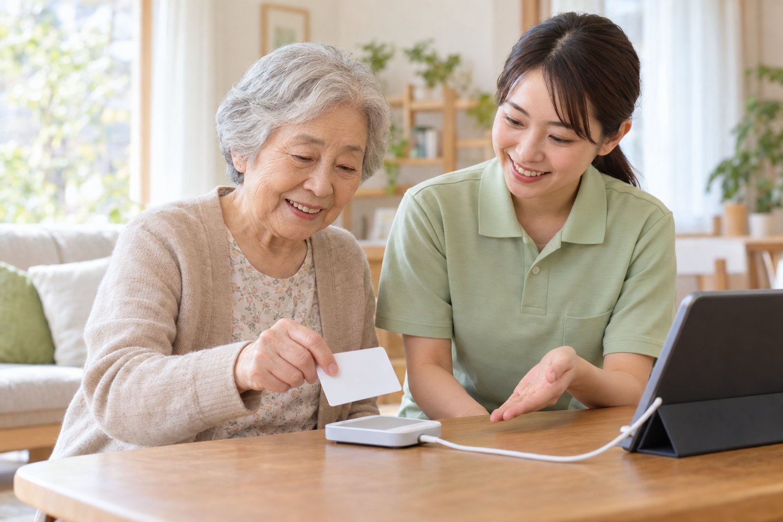 利用者の自宅で、カードリーダーにカードをかざしてもらう訪問介護のヘルパー