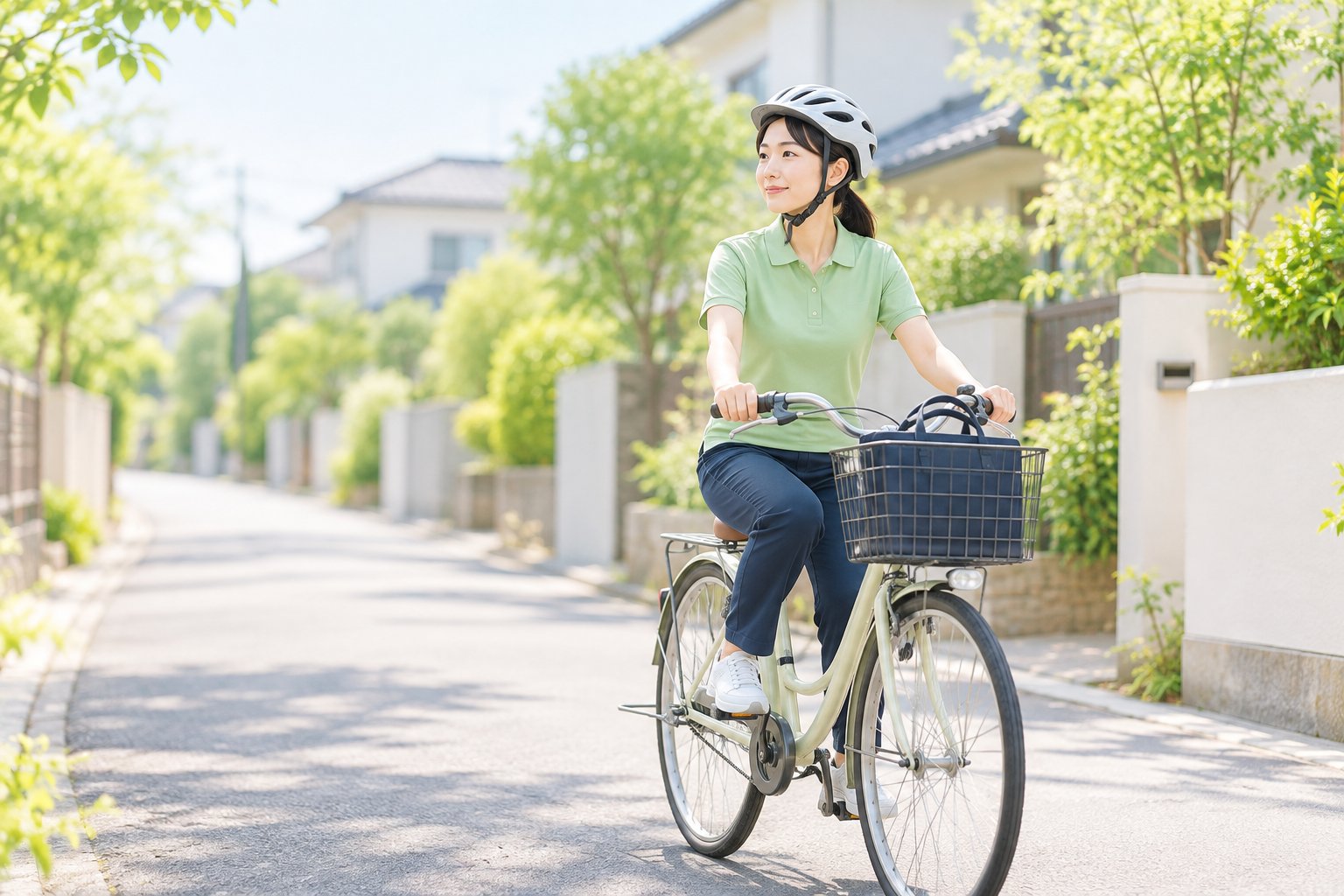 利用者宅から次の利用者宅へ、自転車で移動する訪問介護のヘルパー