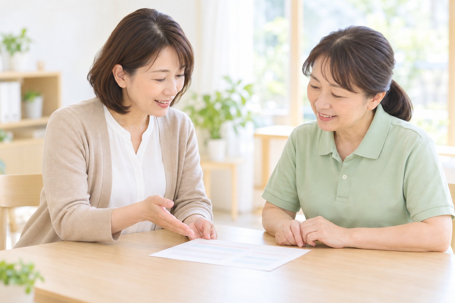 払い方の見直しについて、管理者とヘルパーが話し合う様子